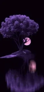 Purple tree reflecting on water at night with moon in background.