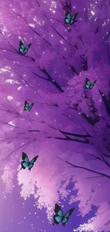 Purple tree with blue butterflies, perfect for mobile wallpaper.