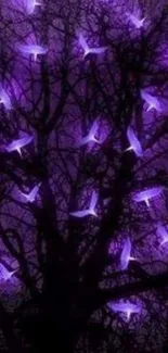 Silhouette of a tree with glowing purple birds at night.