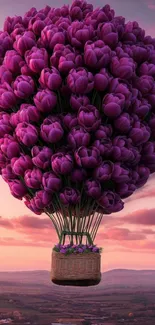 Purple tulip balloon floating at sunset.