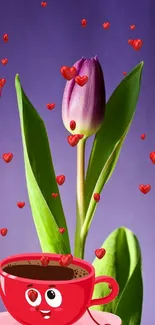 Purple tulip with green leaves and a cartoon coffee cup character.