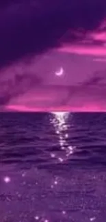 Purple twilight ocean with crescent moon reflection.