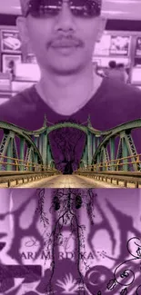 Purple-themed urban art wallpaper with bridge and abstract design elements.