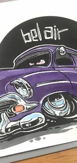 Purple vintage car illustration with retro aesthetic on a phone wallpaper.