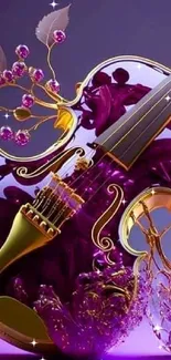 Artistic purple violin wallpaper with elegant design and vibrant colors.