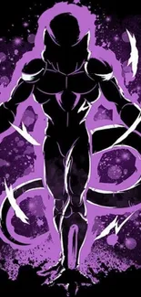 Purple silhouette of a warrior with cosmic energy on a dark background.