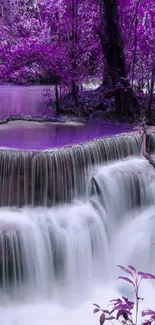 Purple waterfall scene with lush greenery.