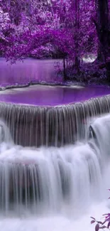 Purple-toned waterfall in tranquil nature setting on mobile wallpaper.