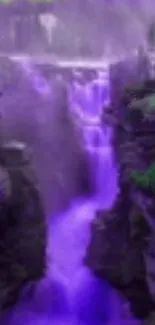 Tranquil purple waterfall with lush green foliage.