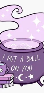 Purple cauldron with magical stars and spell text on phone wallpaper.