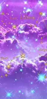 Purple sky wallpaper with zodiac constellations and stars.