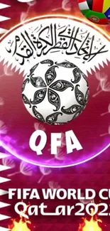 Qatar 2022 World Cup wallpaper with QFA logo and vibrant design.