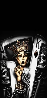 Artistic wallpaper of a queen and skeletons with playing cards.