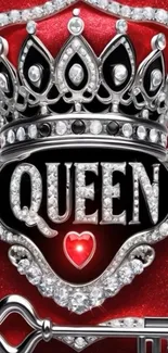 Silver crown with queen text on red background