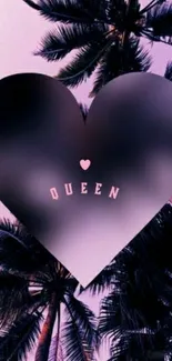 Heart with 'Queen' text over palm trees in purple evening sky.