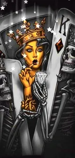 Dark themed wallpaper with a crowned queen and skeletons in a mystical card design.