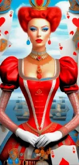 Queen of Hearts in red dress amid playing cards and ships.