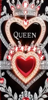 Jeweled heart and crown with 'Queen' title on a red background.