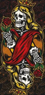 Queen skeleton holding roses in art design.