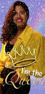 Yellow-clad woman with 'Queen' text on sparkling purple background.