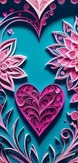 Quilled heart and floral design wallpaper with pink and teal hues.