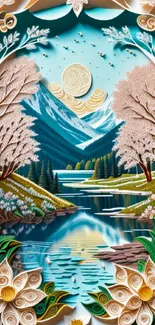 Quilled nature scene with mountains, lake, and floral designs.