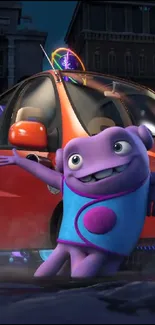 Quirky purple alien with futuristic car in urban setting.