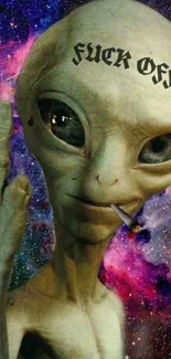 Quirky alien smoking in a colorful galaxy background.