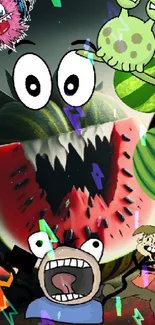 Quirky animated wallpaper with watermelon and characters.