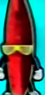 Animated red banana cartoon with sunglasses on aqua background.