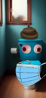 Cartoon blue toilet with mask in humorous bathroom scene.