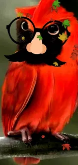 Red cardinal with glasses and mustache on branch wallpaper.