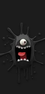 Quirky black monster cartoon with a splatter design on a dark background.