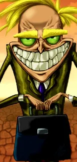 Quirky cartoon businessman with vibrant colors and exaggerated features.