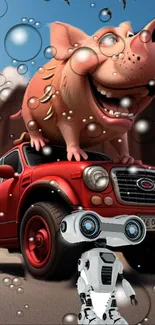 Quirky wallpaper with red car, pig, and robot.