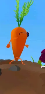 Cartoon carrot character on a dirt path in a bright, outdoor scene.