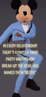 Cartoon character with a humorous relationship quote on a blue background.