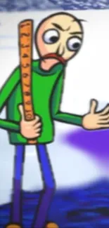 Cartoon character holding a ruler with vibrant green and blue colors.