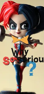 Quirky cartoon character with 'Why So Serious?' text on a playful wallpaper.