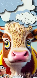 Whimsical cartoon cow with colorful clouds background.