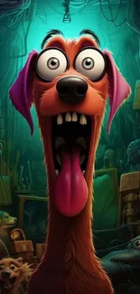 Quirky cartoon dog with exaggerated features in a colorful scene.