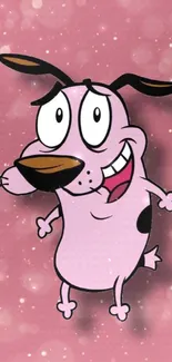 Quirky cartoon dog on pink wallpaper background.