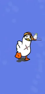 Cartoon duck with funny expression on blue background.