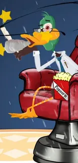 Cartoon duck in chair with popcorn and stars background.