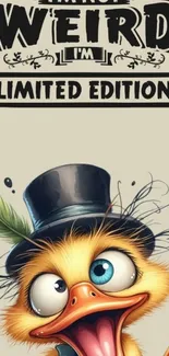 Cartoon duck with a top hat and funny expression on mobile wallpaper.