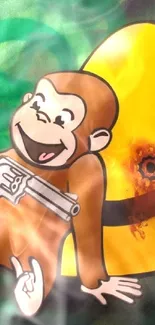 Cartoon monkey holding a gun with a yellow hat in background.