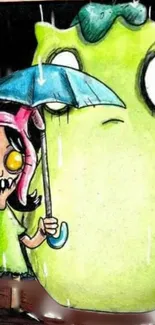 A cartoon girl and monster with umbrella.