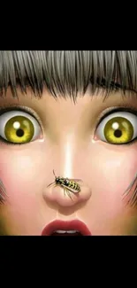 Cartoon face with yellow eyes and a wasp on the nose.