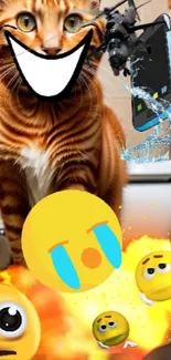 Humorous wallpaper with a cat and exploding emojis.