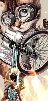 Cute cat with glasses riding a bicycle, surrounded by flames on a mobile wallpaper.